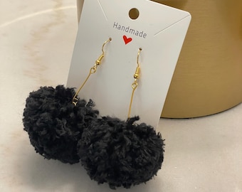 Black Pom Pom Earrings | Handspun Earrings
