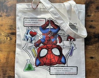 Spider-Cat Tote Bag | 13x15in Tote Bag with Zipper Closure & Inner Pocket | Spider Comic Inspired Tote Bag