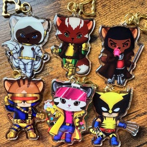 Mutant X-Cats | 97 Comic Inspired 3&quot; Double-Sided | Clear Acrylic | Cat Chibi | Mutant | Comic Book | Charms | Rainbow Acrylic | Collectible