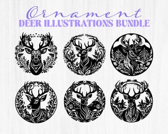 May include: A set of six black and white deer ornament illustrations. Each illustration features a deer with antlers surrounded by floral designs. The illustrations are perfect for crafting projects, scrapbooking, and more.