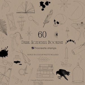 May include: A digital collection of 60 Dark Academia Bookish Procreate stamps featuring black line art illustrations of books, a skull, a raven, keys, an hourglass, a candle, a feather quill, ink, and botanical elements on a tan background.