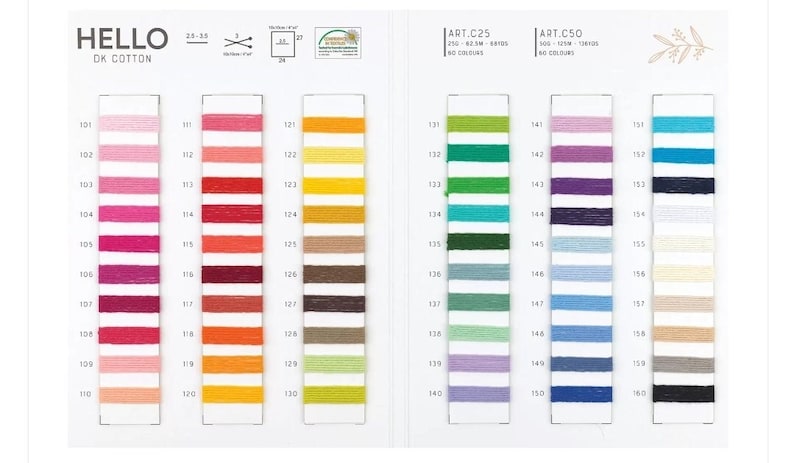 May include: A color chart for Hello DK Cotton yarn. The chart shows 60 different colors of yarn, organized into 6 columns of 10 colors each. The colors range from light pink to dark blue. The chart is labeled with the numbers 101-160.
