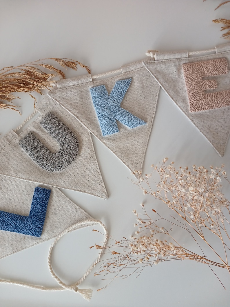 May include: A banner with the name "LUKE" spelled out in felt letters. The letters are in different colors: gray, blue, light blue, and pink. The banner is made of natural linen fabric and is strung together with a white cord.
