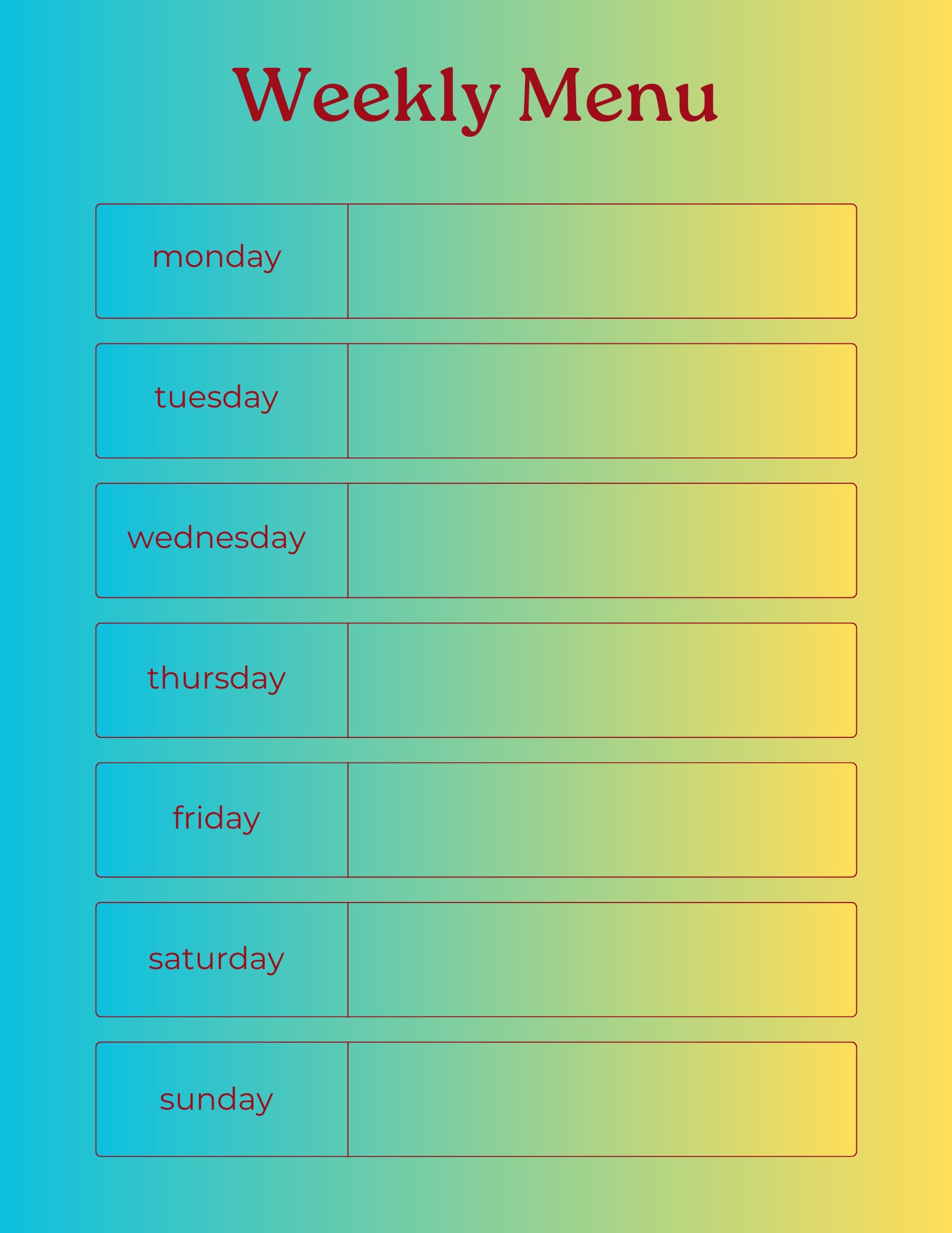 Weekly Menu Template - Etsy