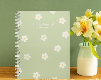 Pastel Green Daisy Reading Journal, Personalized A5 Spiral Book