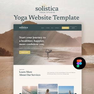 May include: A website template for a yoga studio, featuring a serene beach scene with a person in a yoga pose. The design includes the studio's logo, navigation, and calls to action like "Book Class." The template promotes a healthier, happier, and more confident lifestyle.