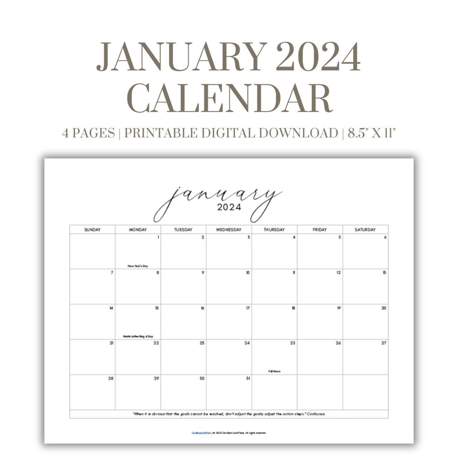January 2024 Calendar Printable PDF, Landscape, Portrait With Holidays, Blank Calendar, January