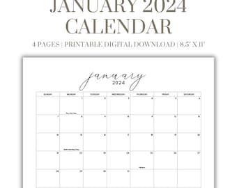 January 2024 Calendar Printable Download, January 2024 Printable, January Calendar 2024 Portrait and Landscape