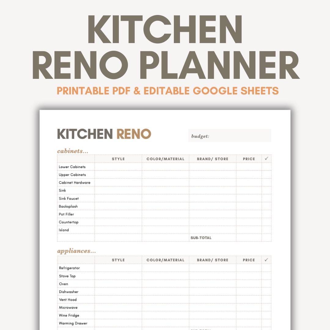 Kitchen Renovation Planner Printable PDF Google Sheets Editable Kitchen ...