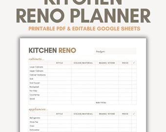 Kitchen Renovation Planner Printable PDF Google Sheets Editable Kitchen Remodel Digital Kitchen Design Planner Kitchen Design Template