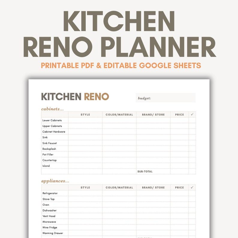 a printable spreadsheet planner for planning a new kitchen renovation or remodel that is editable in Google sheets