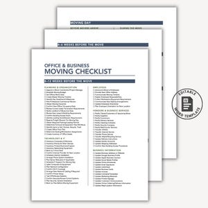 Redigerbar checklista för företagsflytt, checklista för kontorsflytt, checklista för företagsflytt, checklista för kontorsflytt, utskrivbara HR-material