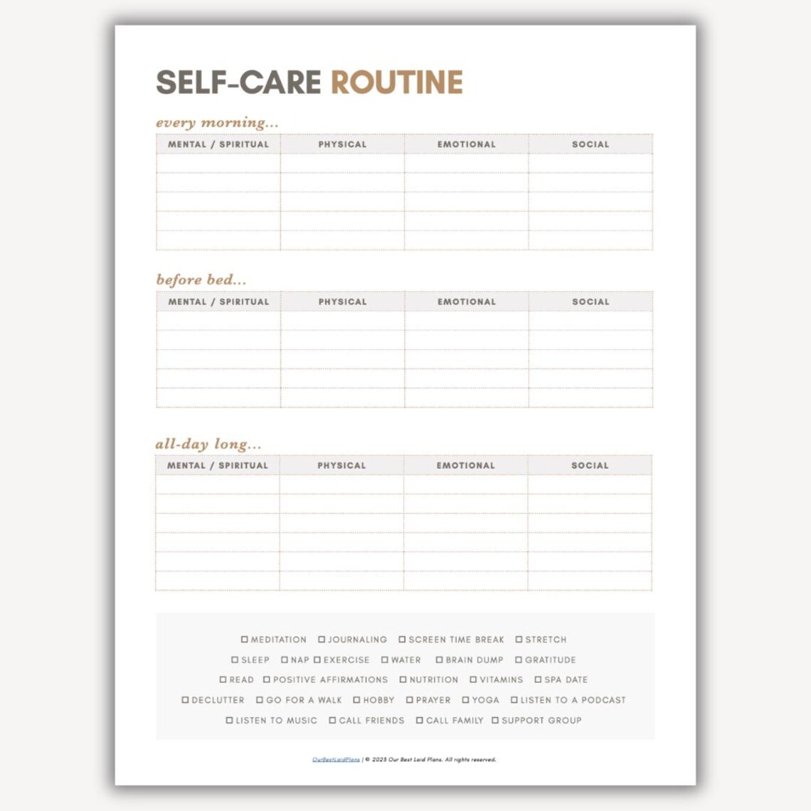 Self Care Planner Printable PDF, Simple Self Care Routine Tracker