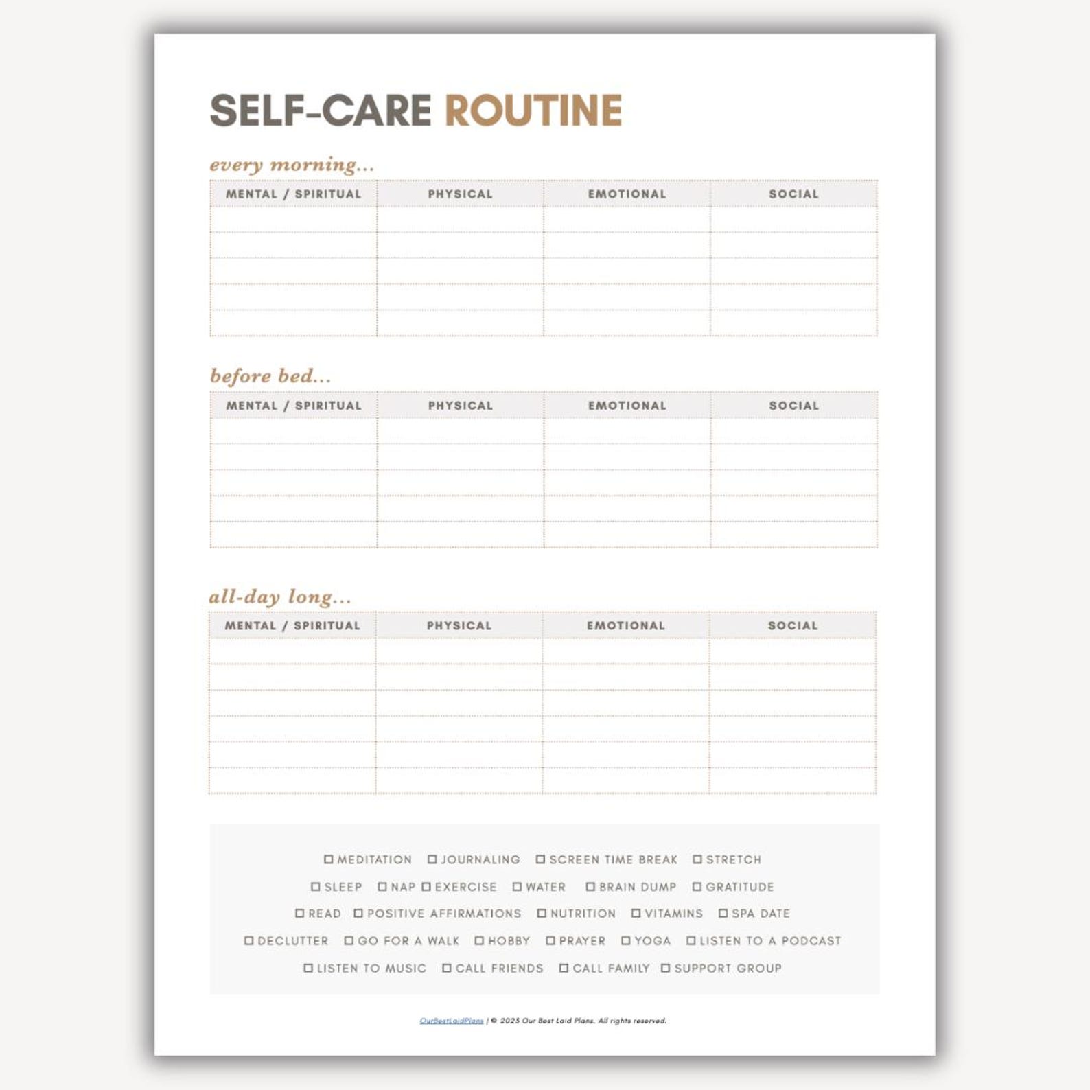 Self Care Planner Printable PDF, Simple Self Care Routine Tracker ...