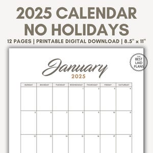 2025 Calendar Printable Calendar 2025 Monthly Planner Portrait Monthly Calendar Sunday Start 2025 Wall Calendar Printable PDF No Holidays