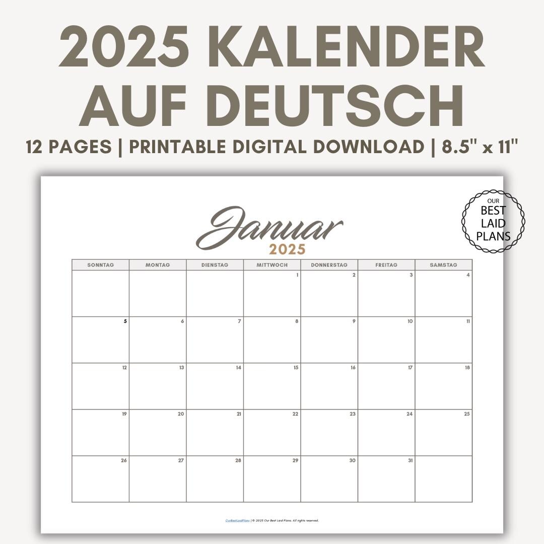 2025 Calendar in German Monthly German Calendar for 2025 Printable