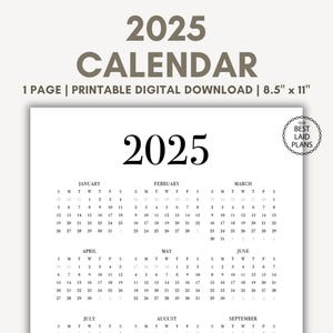 2025 Calendar Year at a Glance Printable Year Printable Calendar Yearly 2025 Calendar One Year Simple 2025 Calendar Digital Download