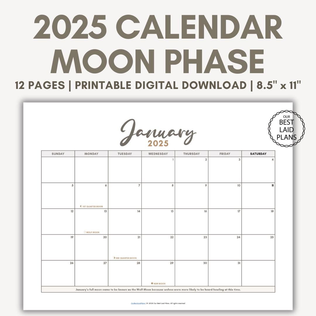 Full Moon Calendar 2025 Printable PDF, Full Moon Printable, Full Moon 2025 Calendar With Full Moon and Half Moons 2025 Digital Download - Etsy