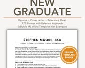 New Grad Resume Template with Cover Letter & Example / Sample Fresher CV in ATS Applicant Tracking System Friendly Format Editable Word File