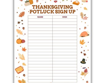 Thanksgiving Potluck Sign Up Sheet Printable, Thanksgiving Potluck Sign Up Sheet PDF, Thanksgiving Potluck Sign Up Sheet Template PDF