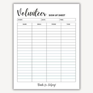 Volunteer Sign Up Sheet Printable, Volunteer Sign Up PDF, Volunteer Sign Up Template, Volunteer Sign In Sheet, Volunteer Sign Up Google Docs