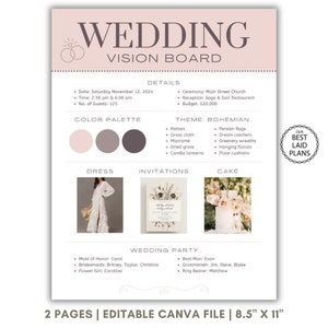 Plantilla de Canva para tablero de estado de ánimo de boda Plantilla editable de una hoja para boda Planificador de plan de boda simple Planificación de boda Tablero de diseño de boda