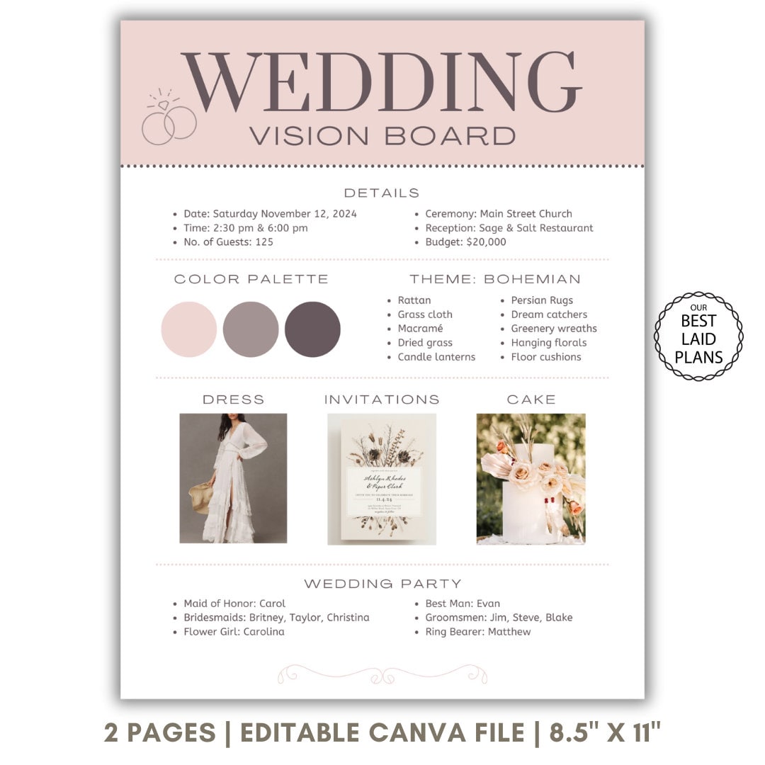 Wedding Mood Board Canva Template Wedding One Sheet Editable Template Simple Wedding Plan Planner Wedding Planning Wedding Design Board