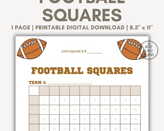 Football Squares Printable PDF Football Squares Game Football Squares Grid Betting Football Squares Game Template Super Big Game Day PDF