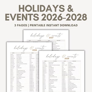 Holiday List Printable 2026 2027 2028, Holiday Calendar 2026 2027 2028, Public Holidays and World Events In Order
