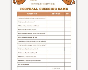 Football Guessing Game Printable PDF Football Party Games Football Fun Football Printables Football Game Ideas Super Big Game Day Questions
