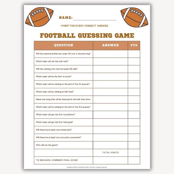Football Guessing Game Printable PDF Football Party Games Football Fun Football Printables Football Game Ideas Super Big Game Day Questions Etsy