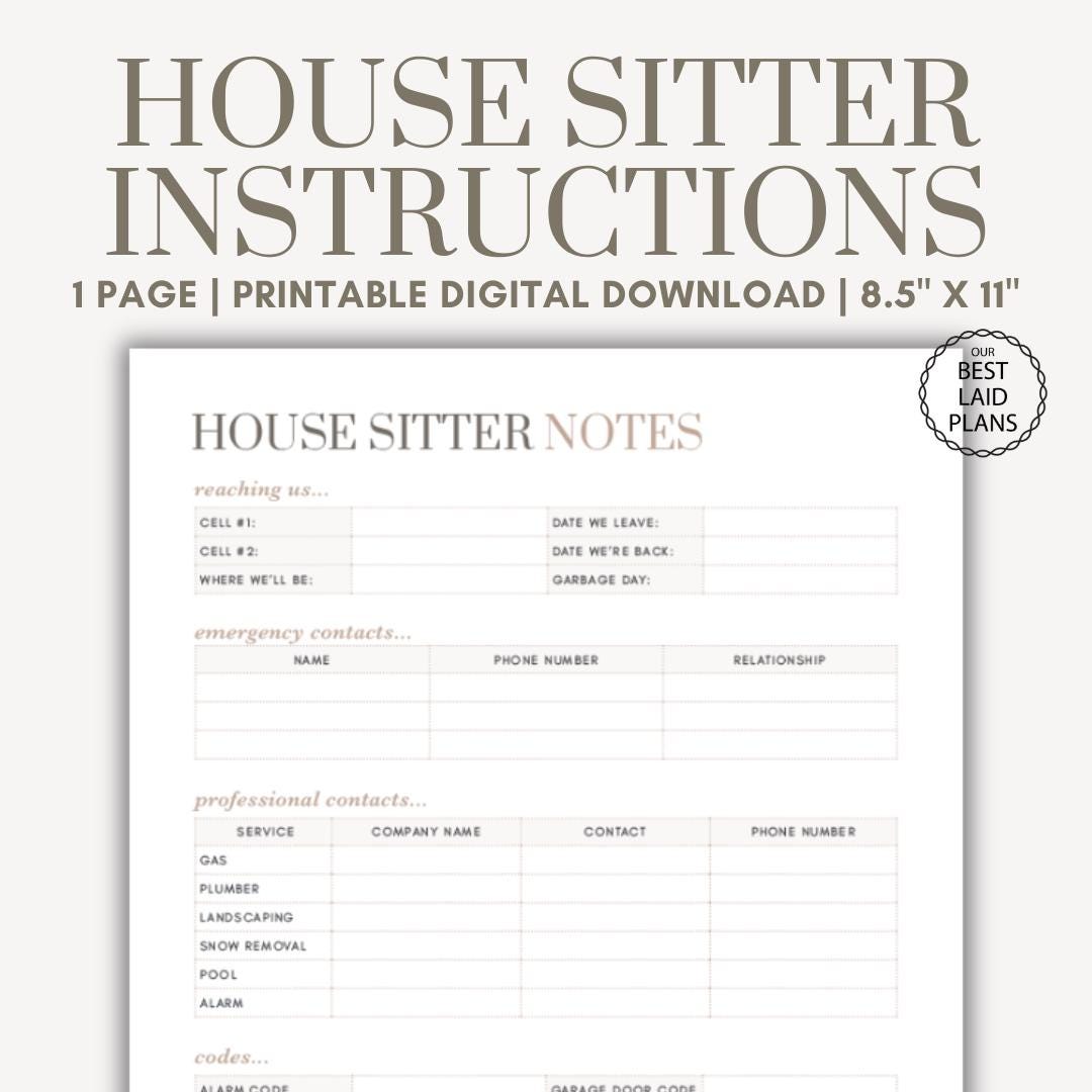 House Sitter Instructions House Sitter Checklist Printable Template House Sitter Instructions House Sitter Checklist Printable Template