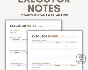 Executor Notes Printable PDF, Estate Executor Notes Will, Executor Notes Digital Download, Estate Planning Printable Life Planning Printable