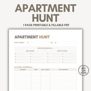 Apartment Hunt Planner Page Apartment Tracker Apt Hunting List Rental Apartment Search To Do List Apartment to Rent Tracker Checklist Guide