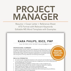 Professional Resume Template Word for Project Manager with Cover Letter, Example Sample CV in ATS Friendly Editable Word, Project Manager CV