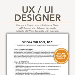 UX Designer Resume Template with Cover Letter and Example / Sample UI Developer Cv in ATS Friendly Format Editable Word File User Experience