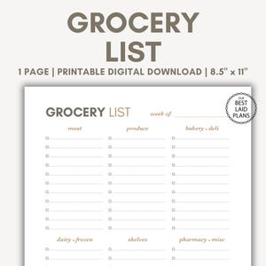 Grocery List Template Printable, Grocery Food Shop List, Grocery Store Shopping List, Grocery Store Template List Digital Download