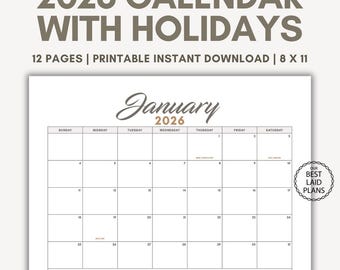 2026 Calendar Printable Landscape, 2026 Monthly Bundle Calendar Printable Year, 2026 12 Month Calendar, 2026 Calendar with Holidays PDF