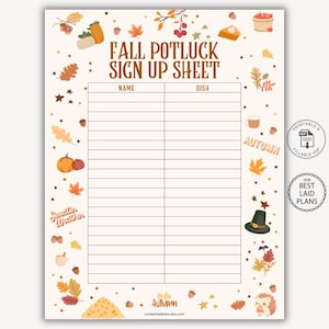 Puede incluir: Una hoja de registro imprimible para una comida compartida de otoño con dos columnas para nombre y plato. La página color crema presenta texto marrón e ilustraciones temáticas de otoño como calabazas, hojas, bellotas y un erizo.