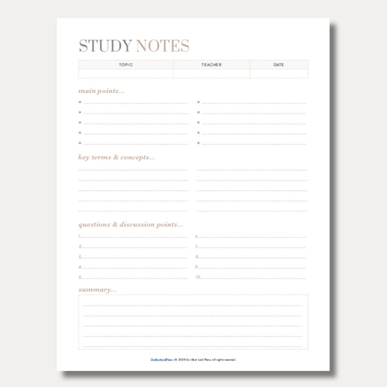 Study Notes Printable Note Taking Study Notes Template Student Notes ...