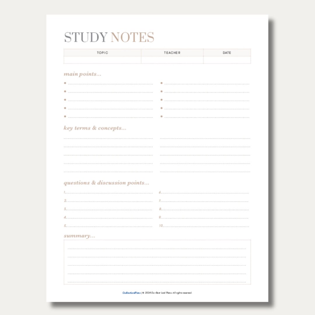 Study Notes Printable Note Taking Study Notes Template Student Notes ...
