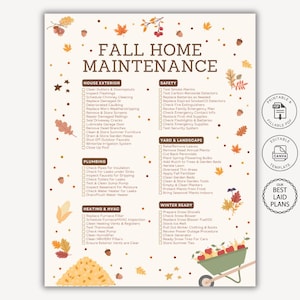 Pode incluir: Uma lista de verificação de manutenção doméstica de outono em um fundo claro com ilustrações de folhas de outono, bolotas e um carrinho de mão cheio de maçãs. O documento inclui seções para exterior, segurança, encanamento e aquecimento.