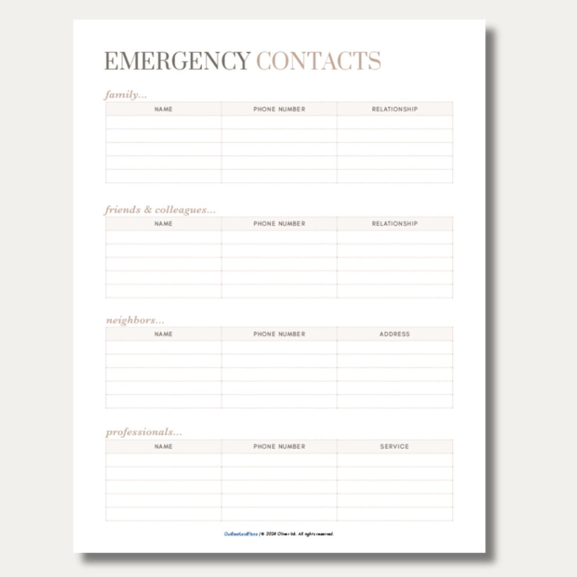Emergency Phone List Printable PDF, Emergency Contact List, Emergency