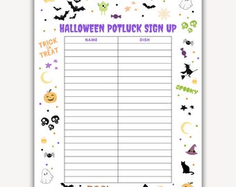 Halloween Potluck Sign Up Sheet Party Printable PDF Template