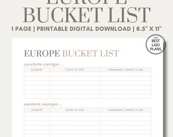 Europe Bucket List Printable PDF, Europe Travel List, Europe Vacation Planner, European Vacation List, Europe Trip Europe City Travel List