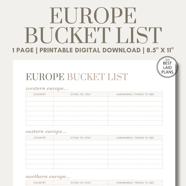 Europa Bucket List druckbare PDF-Datei, Europa-Reiseliste, Europa-Urlaubsplaner, Europa-Urlaubsliste, Europa-Reise Europa-Stadtreiseliste