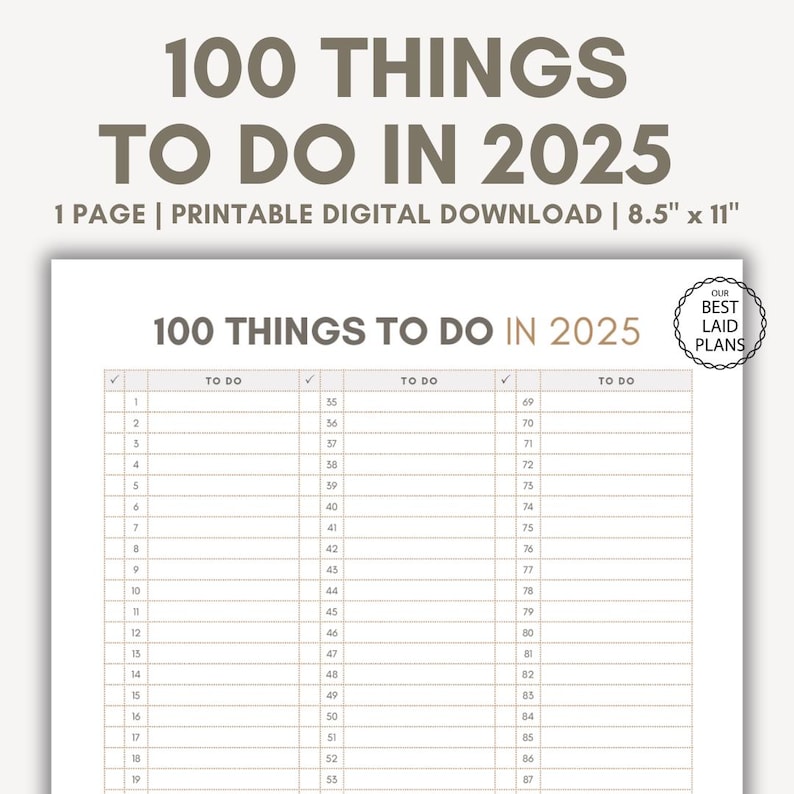 100 Things to Do in 2025, Bucket List 2025, Planner for 2025, Goals for 2025, New Year Goals