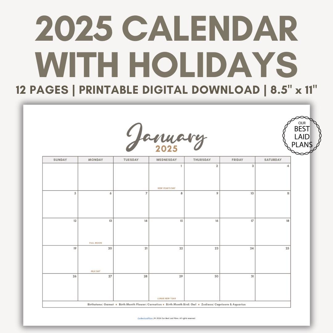 2025 Calendar Printable PDF 2025 Monthly Bundle Calendar Printable Year Annual 2025 Printable Calendar Landscape 2025 Calendar With Holidays - Etsy