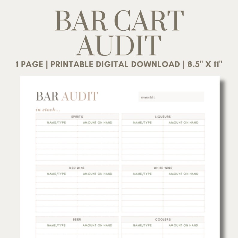 Bar Audit Printable PDF Home Bar Inventory Checklist Bar Restock Bar