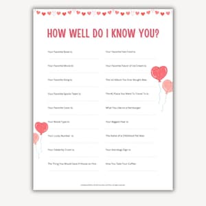 Juego de San Valentín para imprimir en formato PDF, descarga digital, preguntas para parejas, preguntas sobre relaciones, cuestionario para parejas, ¿qué tan bien te conozco? Juego de San Valentín